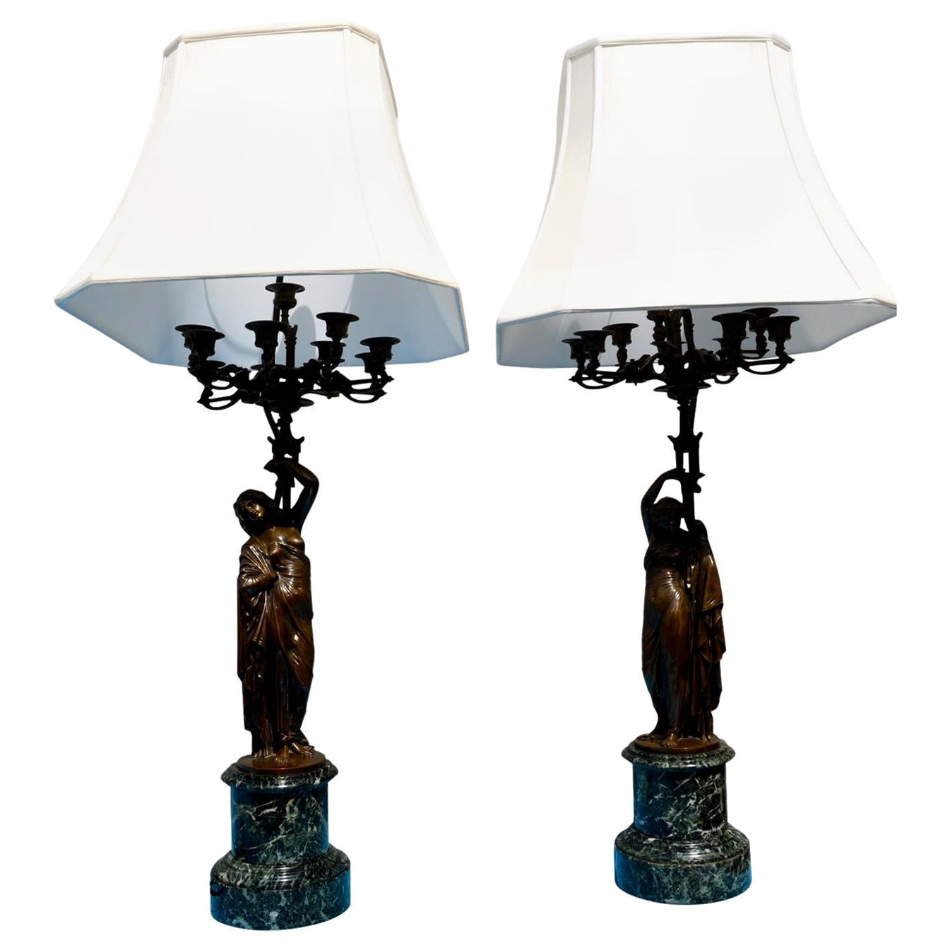 Pair of French 19th Century Figurative Patinated Bronze Candelabra Lamps For Sale
