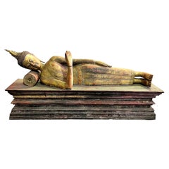 Large Carved Wood, Lacquer and Gilt Reclining Temple Shrine Buddha