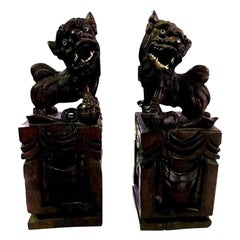 Pair of Chinese Hand Wood Carved, Bone Inlay Foo Dogs, circa Early 1900s