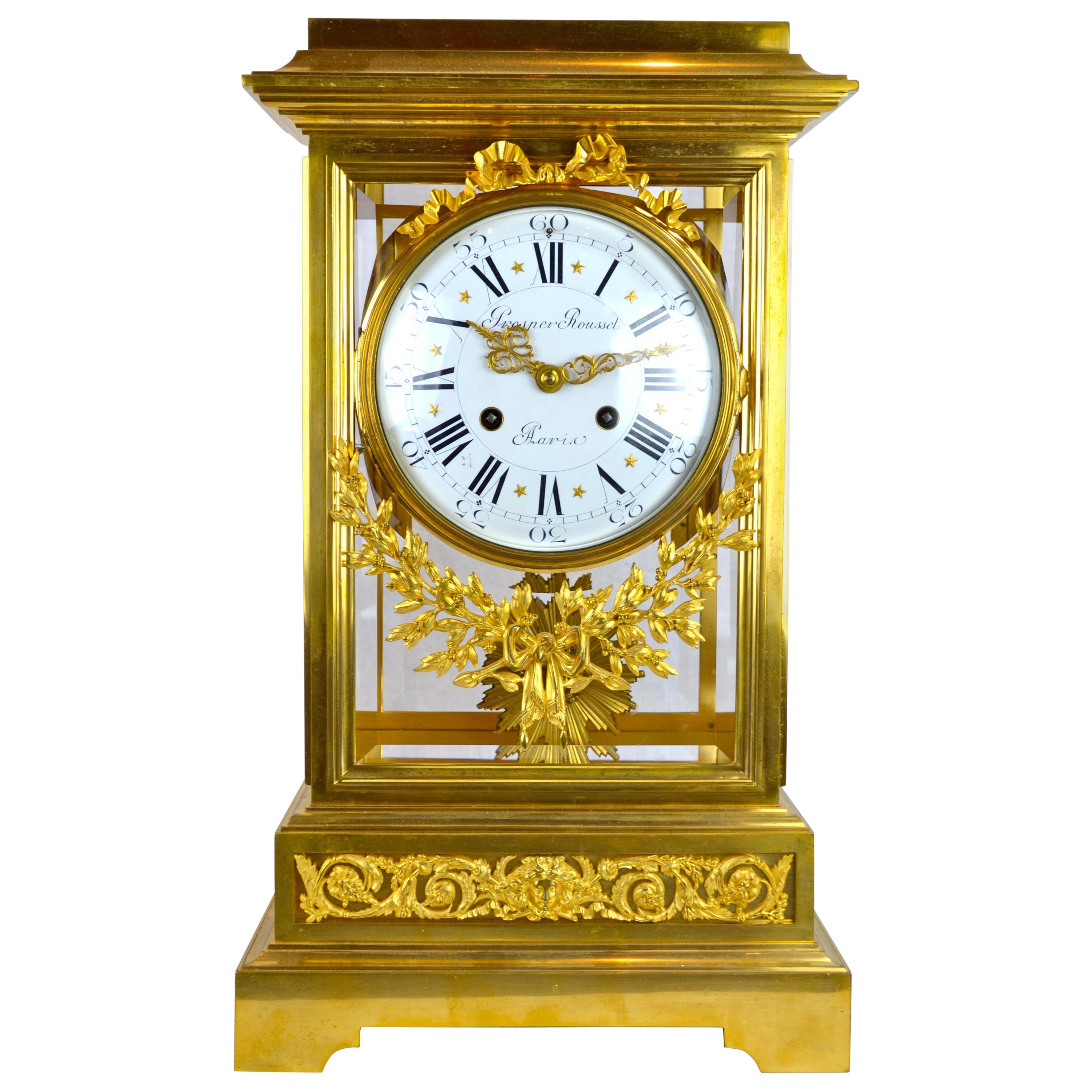 19th Century Louis XVI Style Regulator Gilt Bronze Clock by Prosper Roussel For Sale