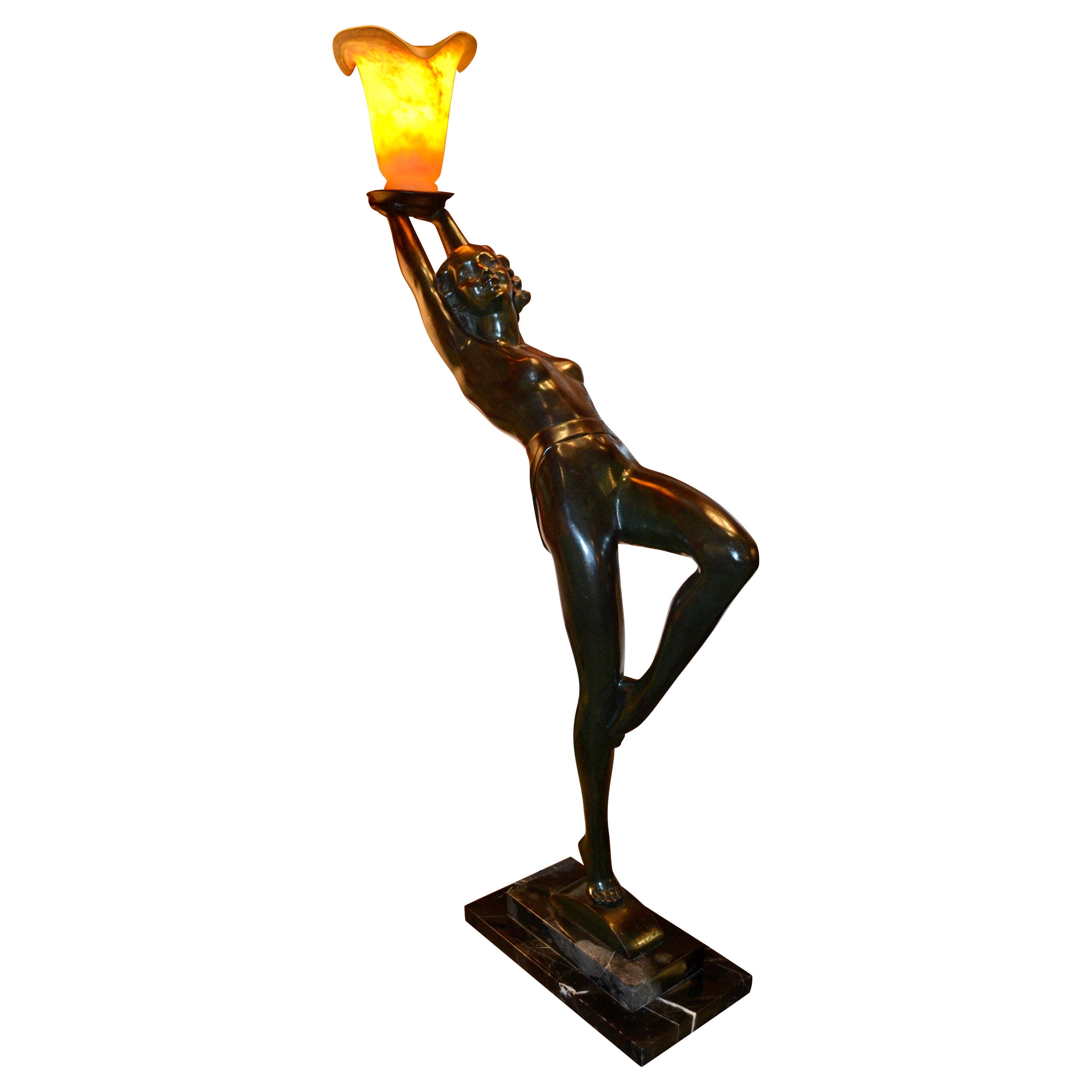    Patinated Bronze Art Deco Figurative Lamp with a Colored Glass Tulip Shade For Sale
