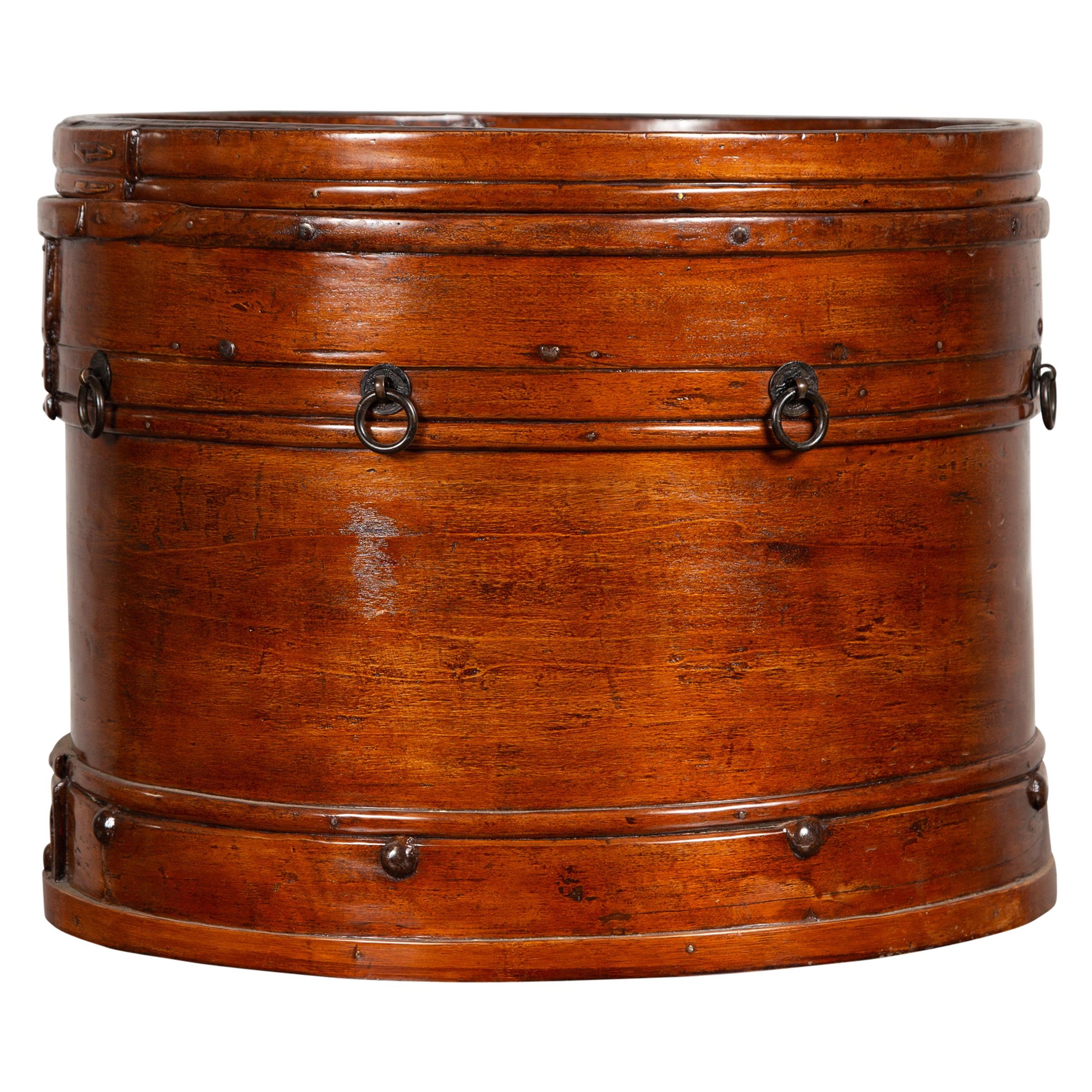 Qing Dynasty 19th Century Round Lidded Wooden Box with Rattan Top For Sale