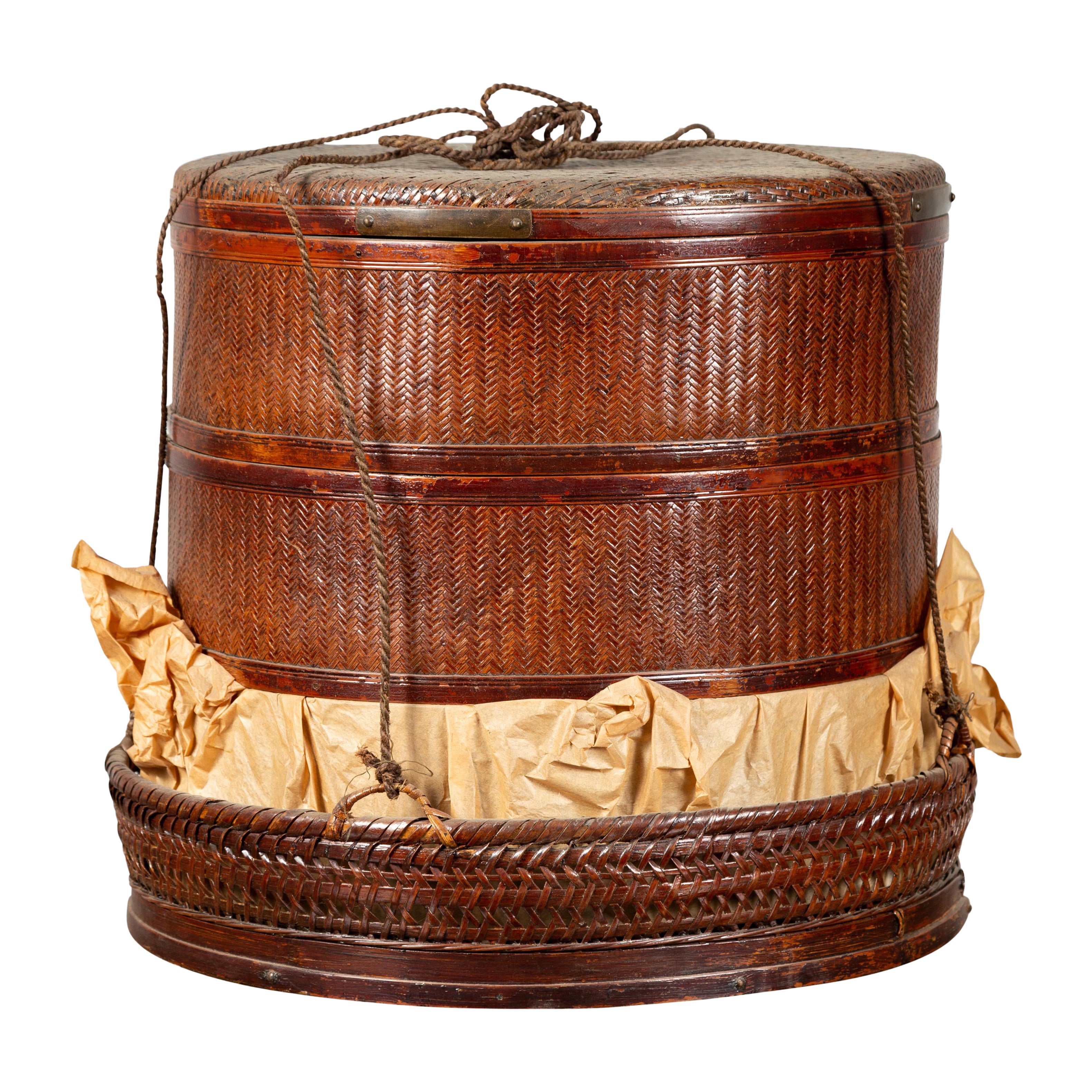 19th Century Tiered Food Basket with Stacking Parts, Paper and Rope Ties