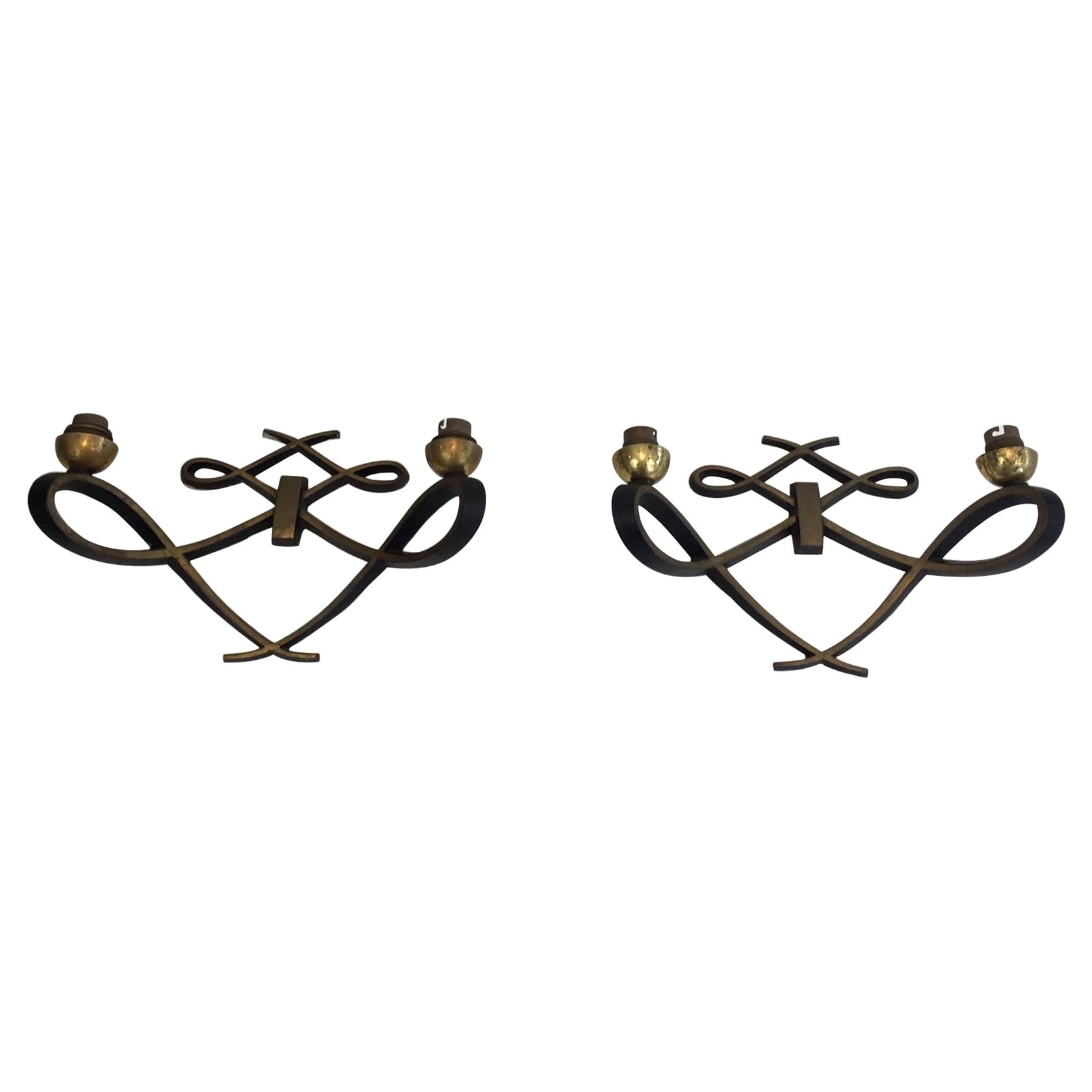 in the Style of Jules Leleu, Pair of Black Lacquered and Brass Design For Sale