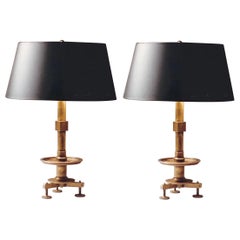 Pair of French Modern Neoclassical Brass and Steel Industrial Style Table Lamps
