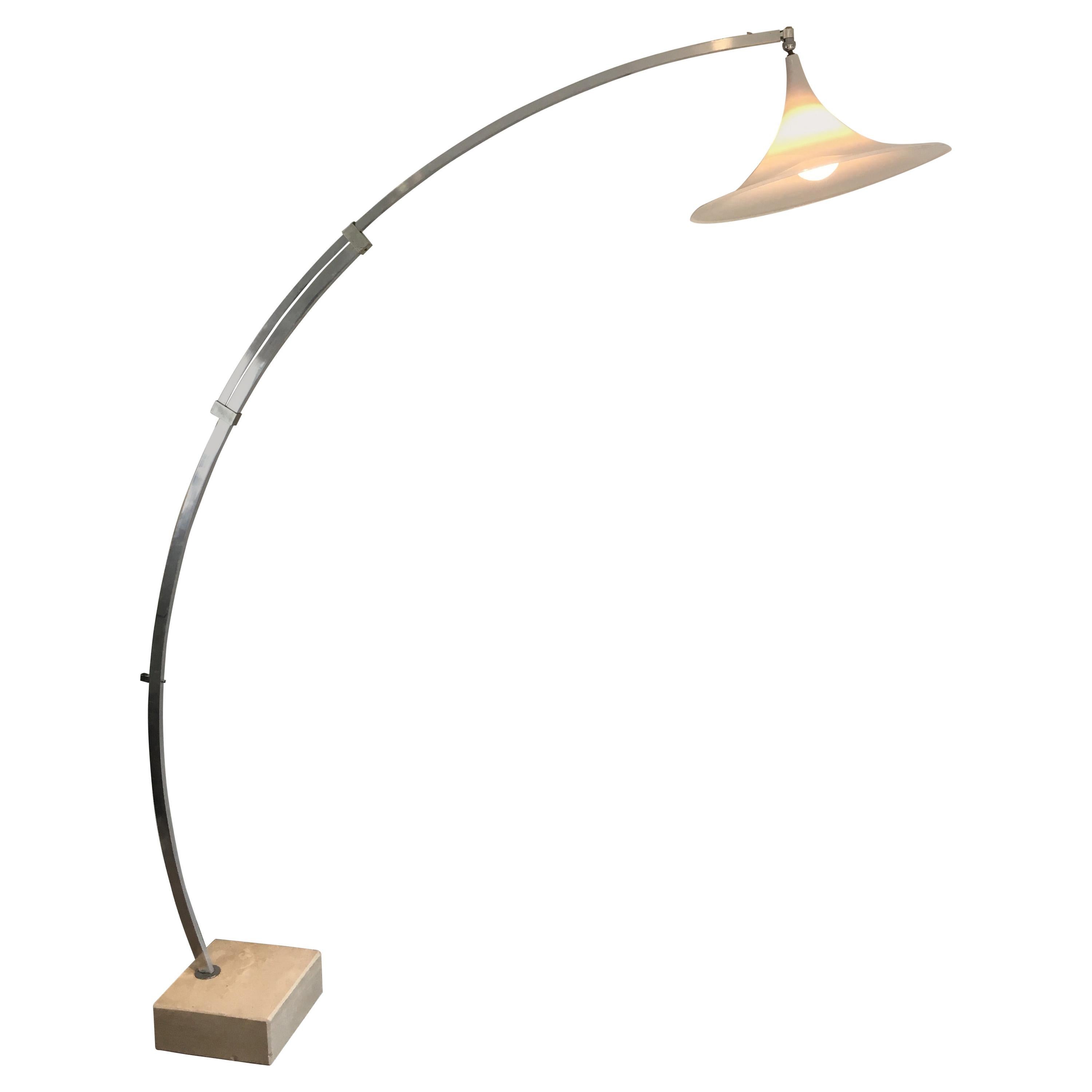 Arco Style Floor Lamp in Brushed Aluminium, Conical White