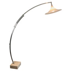 Vintage Arco Style Floor Lamp in Brushed Aluminium, Conical White