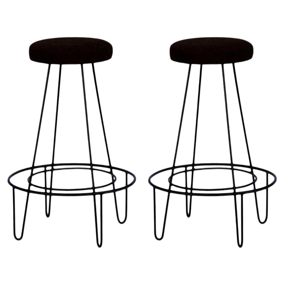 Pair of Minimalistic Bar Stools with Brown Suede Seats For Sale