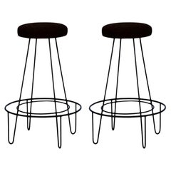 Vintage Pair of Minimalistic Bar Stools with Brown Suede Seats