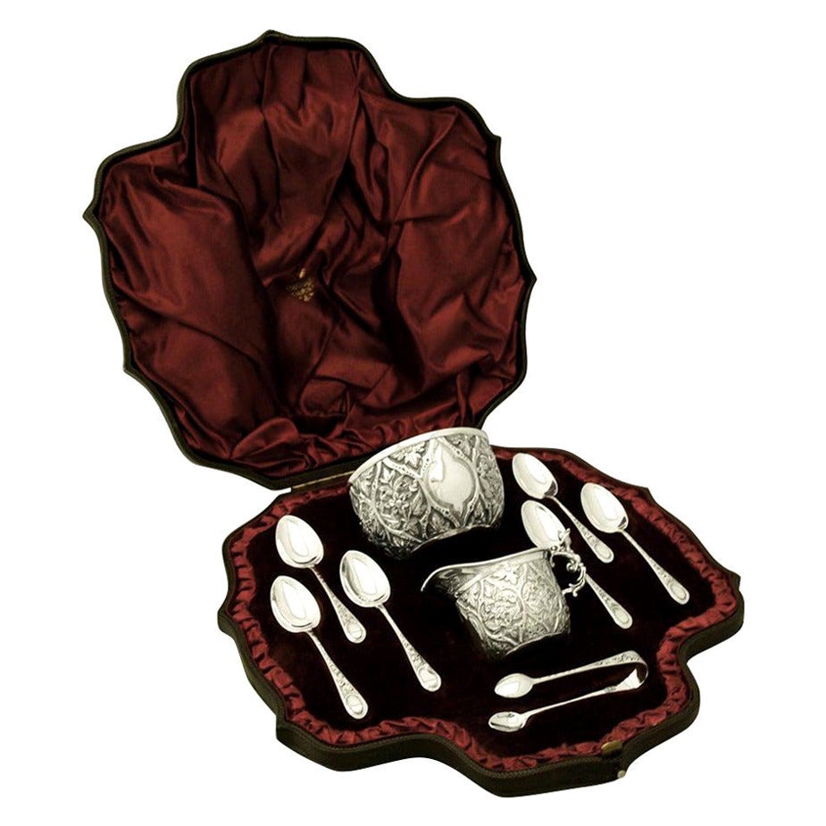 Juego victoriano de presentación de nata y azúcar de plata de ley Charles Stuart Harris