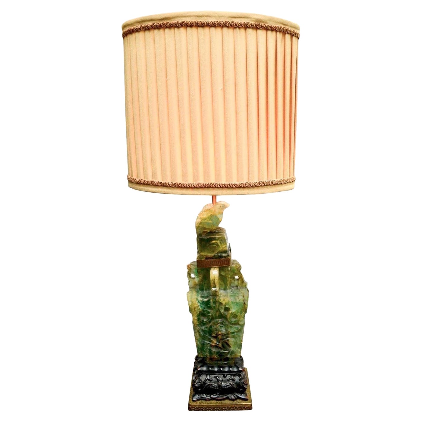 Small Early 20th Century Chinese Green Quartz Lamp with a Jade Finial For Sale