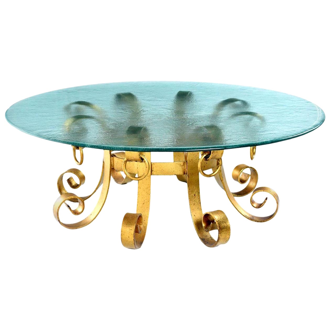 Hollywood Regency Gilt Iron Scroll Knocker Rippled Glass Top Coffee Table