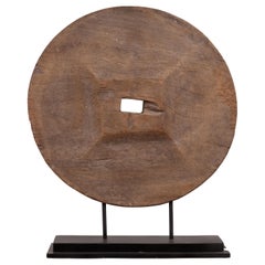 Rustic Ox Cart Wooden Wheel from Thailand, Mounted on Black Painted Base