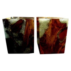 Pair of Vintage Organic Modern Fractal Resin and Wood Cube Tables