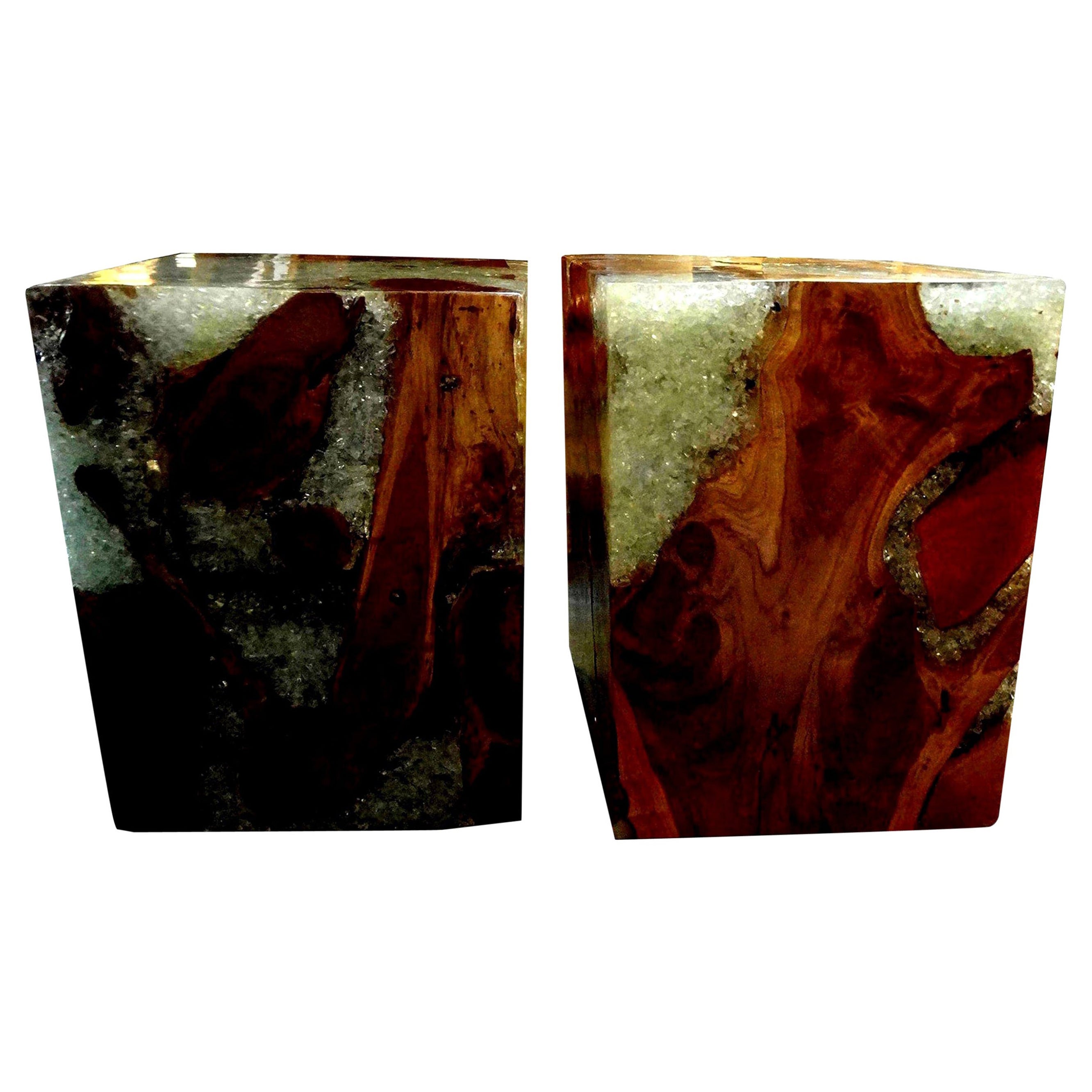 Pair of Vintage Organic Modern Fractal Resin and Wood Cube Tables For Sale