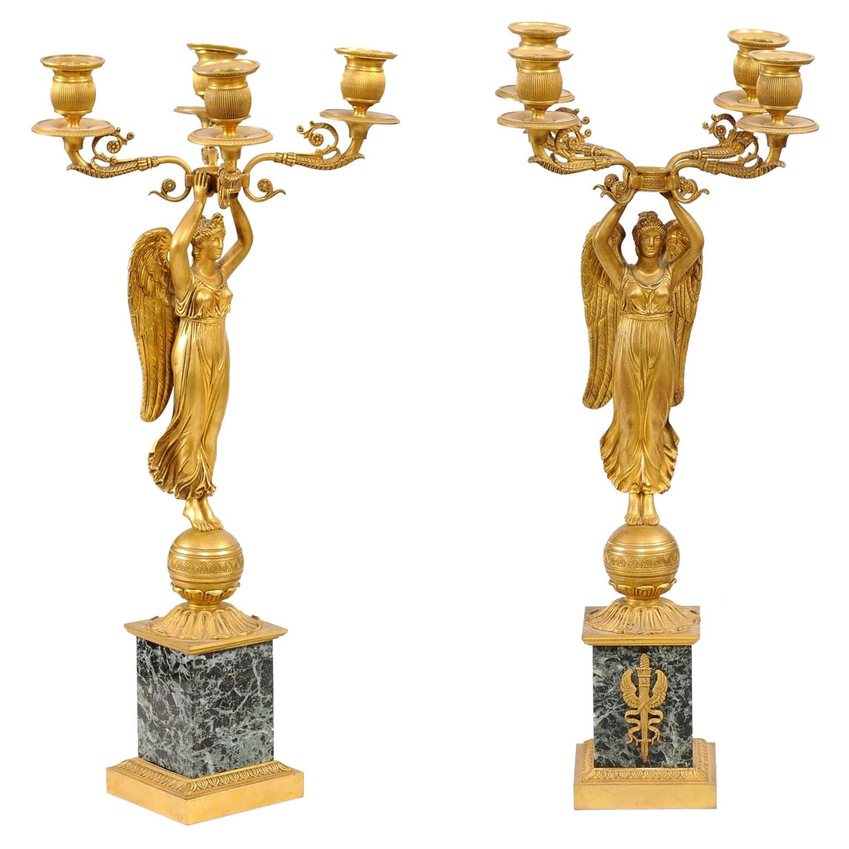 Pair of Empire Candelabra with Green Marble Bases & 4 Candle Holders For Sale