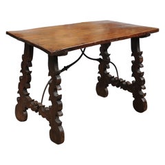 Antique 18th Century Continental Walnut Table with Lyre-Form Legs & Iron Stretcher