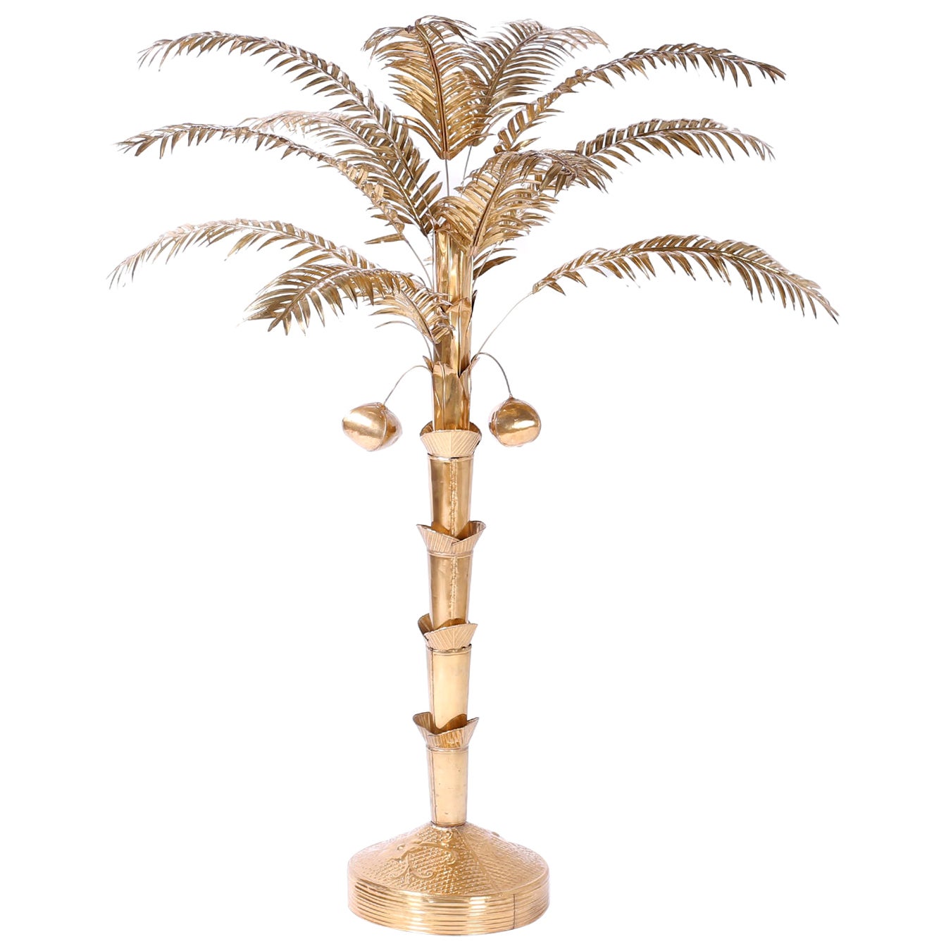 Italian Gold Palm Tree Metal Faux Bamboo Plant Brass Pot Statue Palm