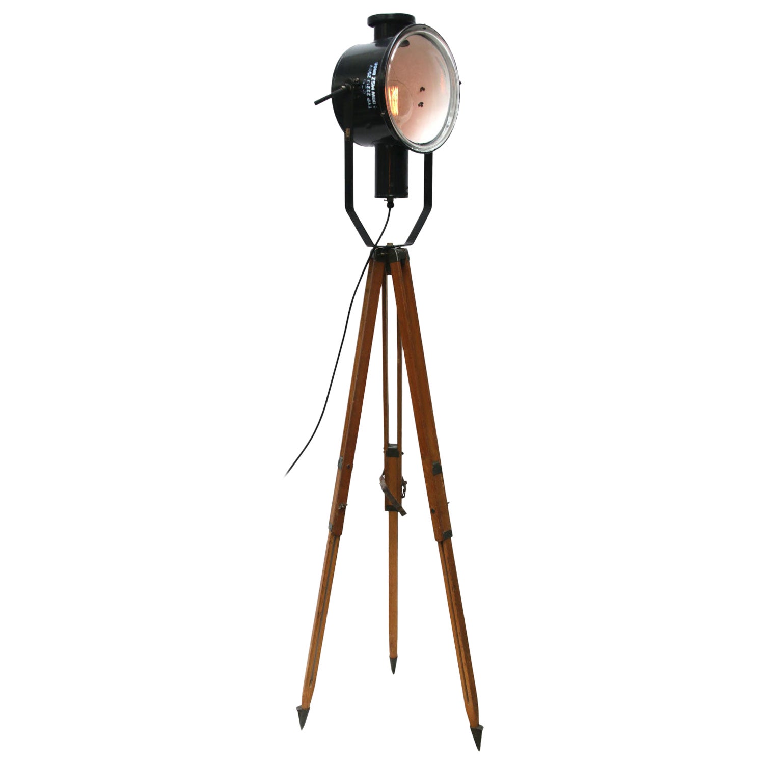 Wooden Tripod Gray Enamel Vintage Industrial Spot Light Floor Lamp at 1stDibs