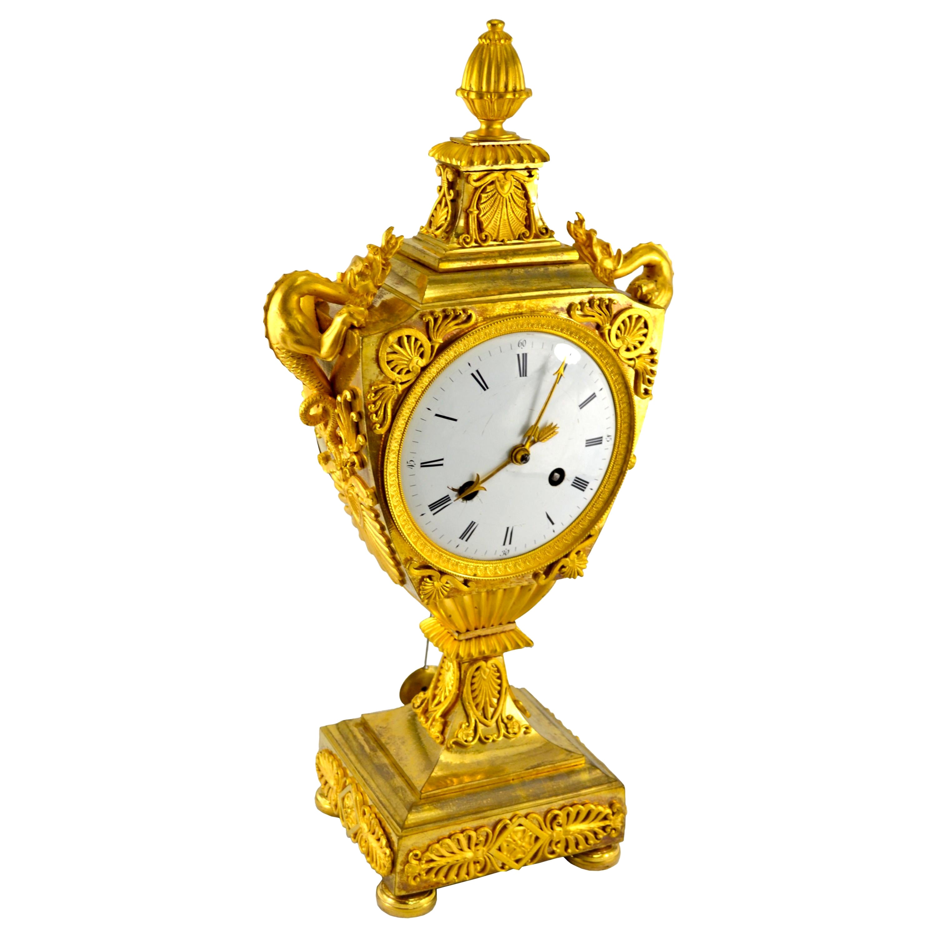 French Early 19th Century Empire Gilt Bronze Dragon Handled Urn Clock For Sale