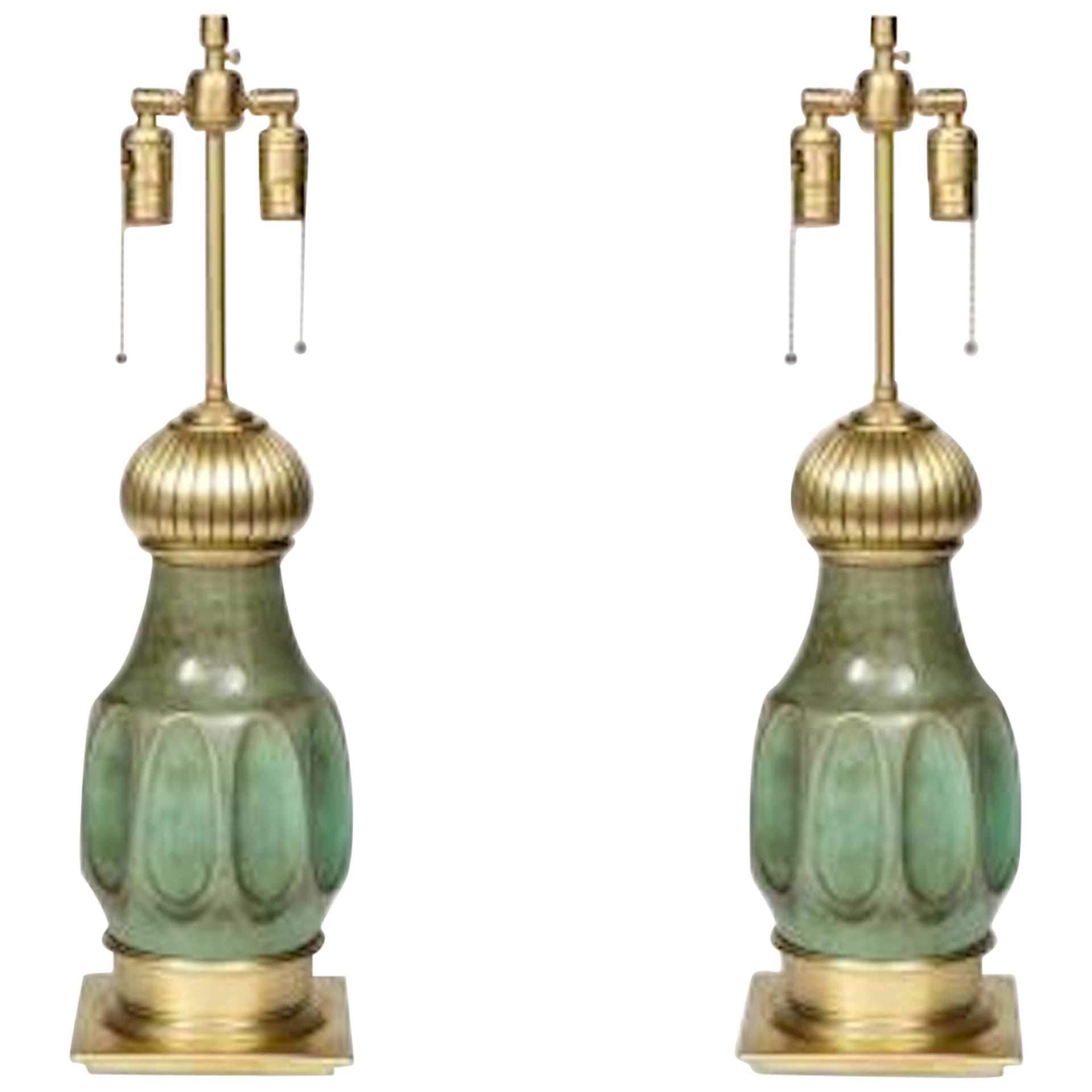 Pair of Jade Green Porcelain Asian Figure Table Lamps For Sale at 1stDibs