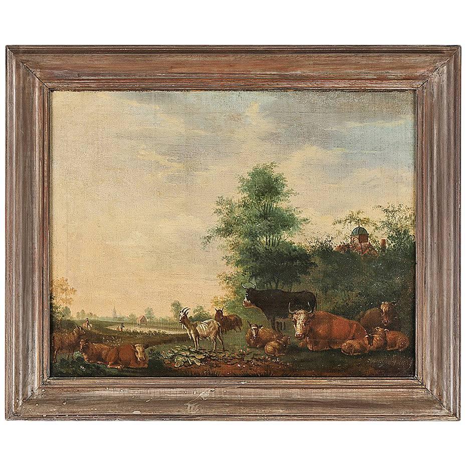 18th Century Flemish Pastoral Landscape Inc Trees, Cows, Cattle Goat & Sheep