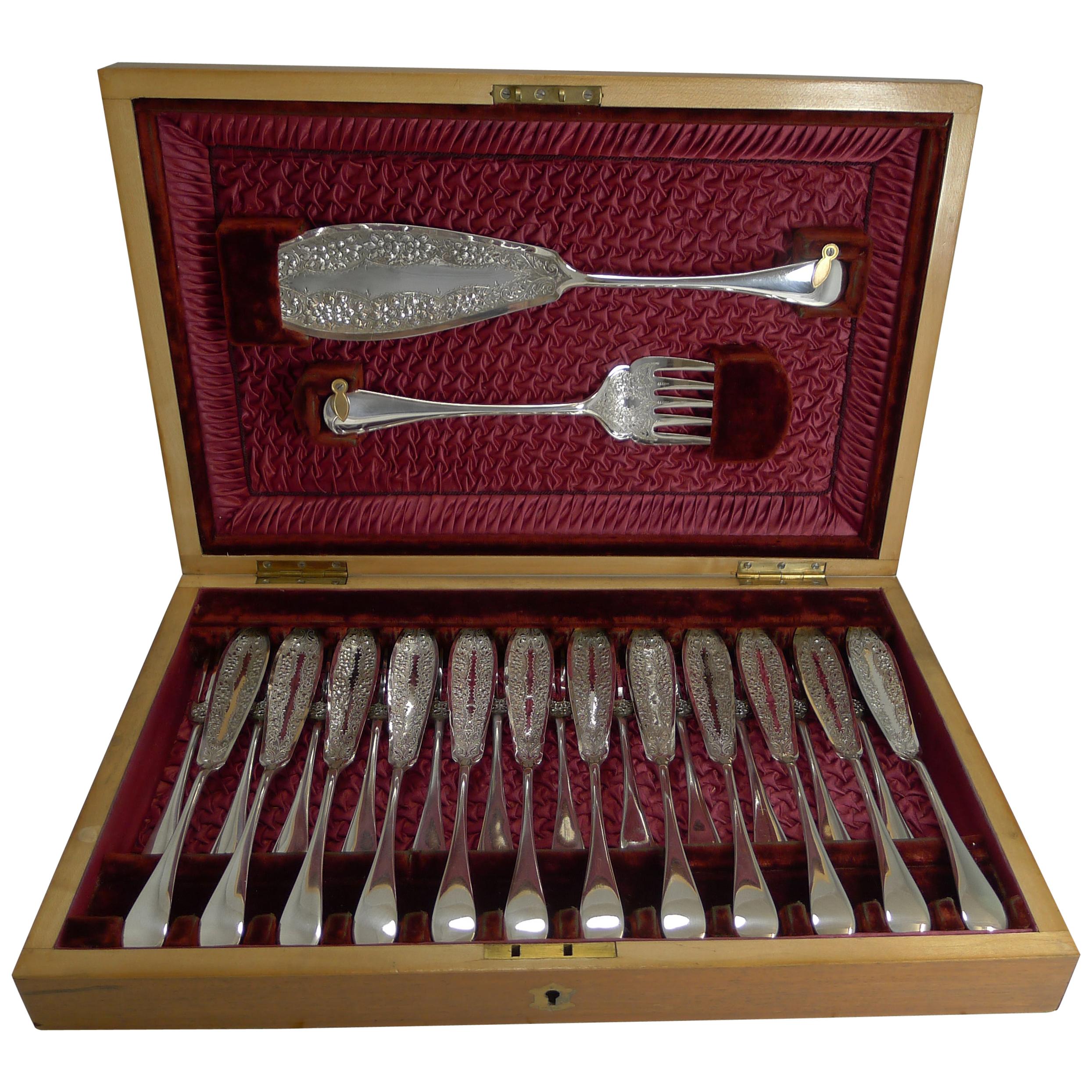 Antique English Fish Knives and Forks Plus Servers c.1900 In Silver Plate