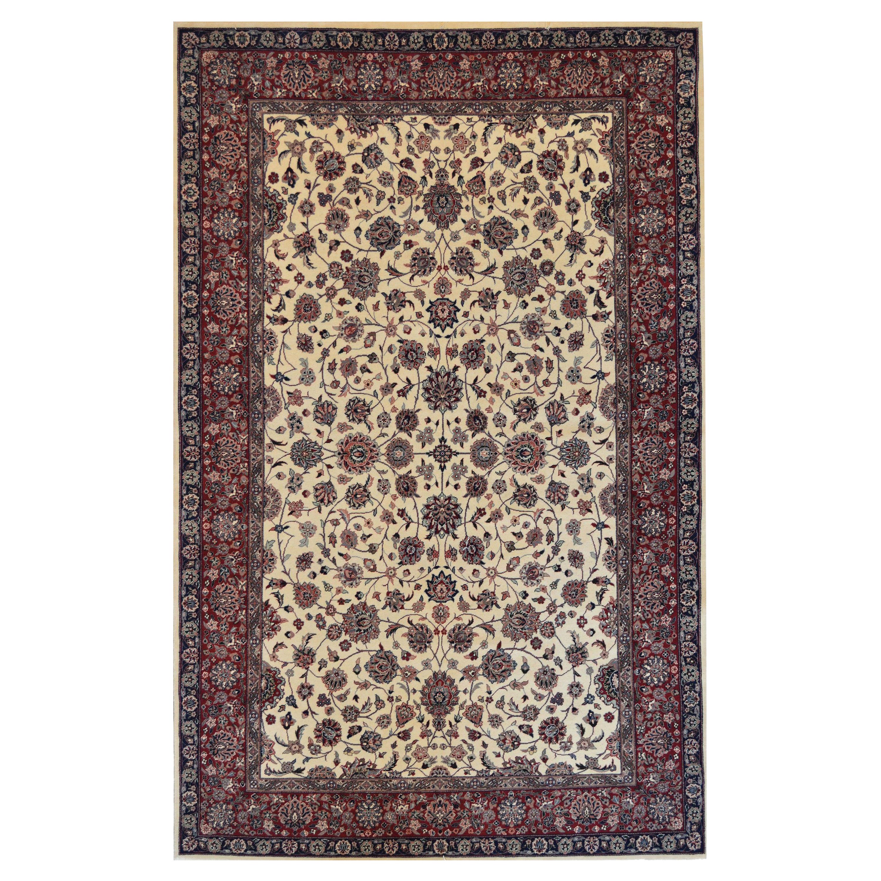 Wool Ivory, Red, and Navy Floral Hand-woven Tabriz Style Rug