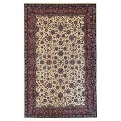 Alfombra Tejida a Mano de Lana Estilo Tabriz Marfil, Rojo y Azul Marino Floral