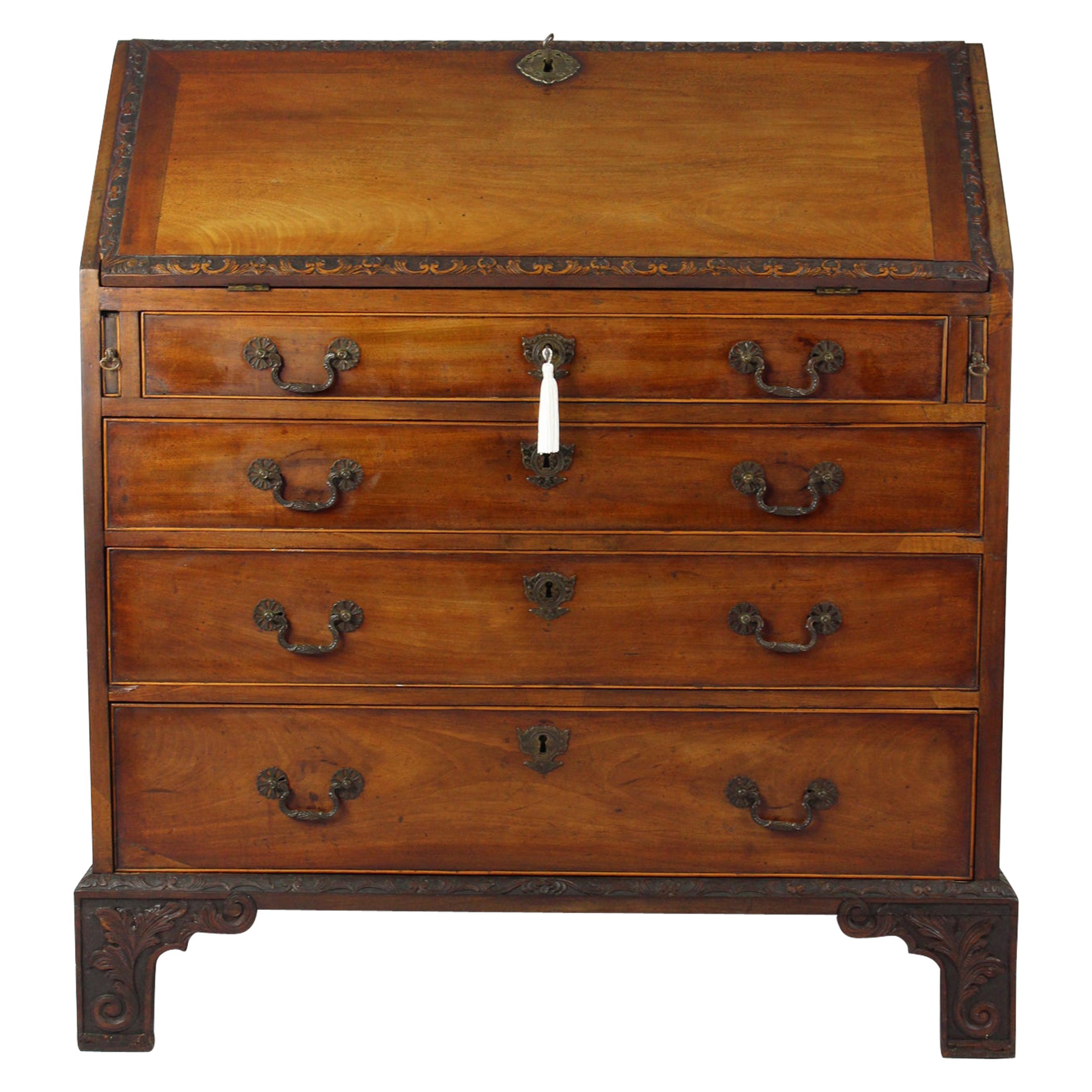 Small Antique Georgian Carved Mahogany Bureau 18th Century English Writing Desk