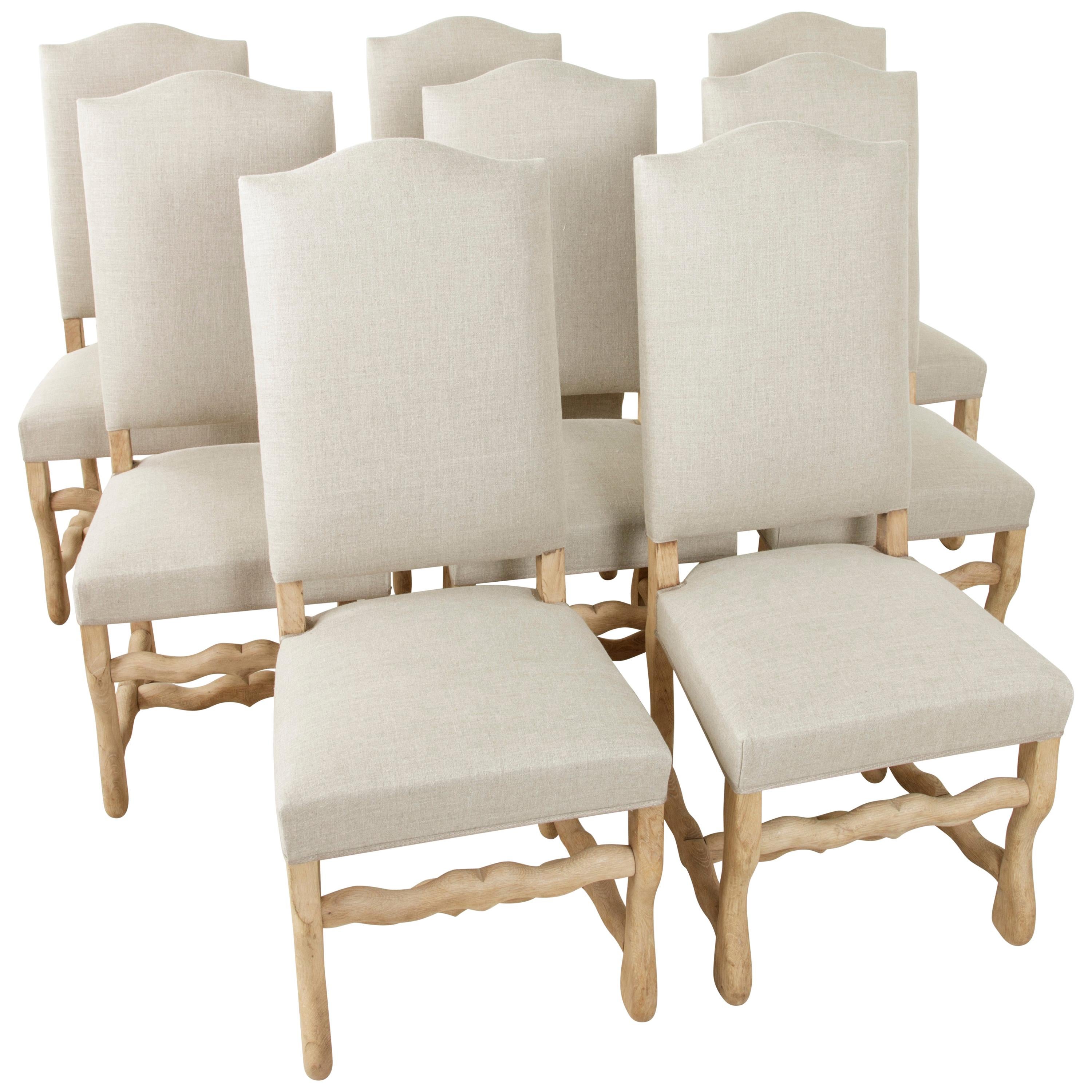 Set of Eight Midcentury French Oak Mutton Leg Side Chairs, Dining Chairs, Linen