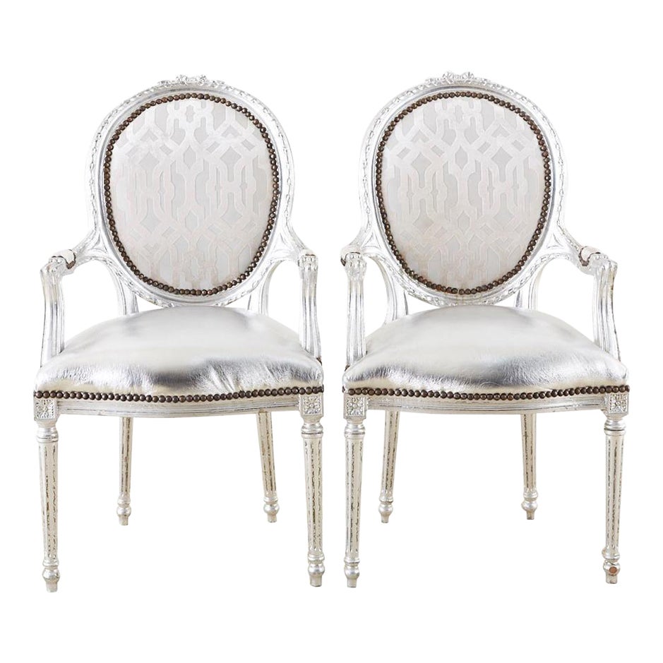 Pair of French Louis XVI Style Silver Leaf Metallic Armchairs