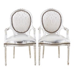 Pair of French Louis XVI Style Silver Leaf Metallic Armchairs