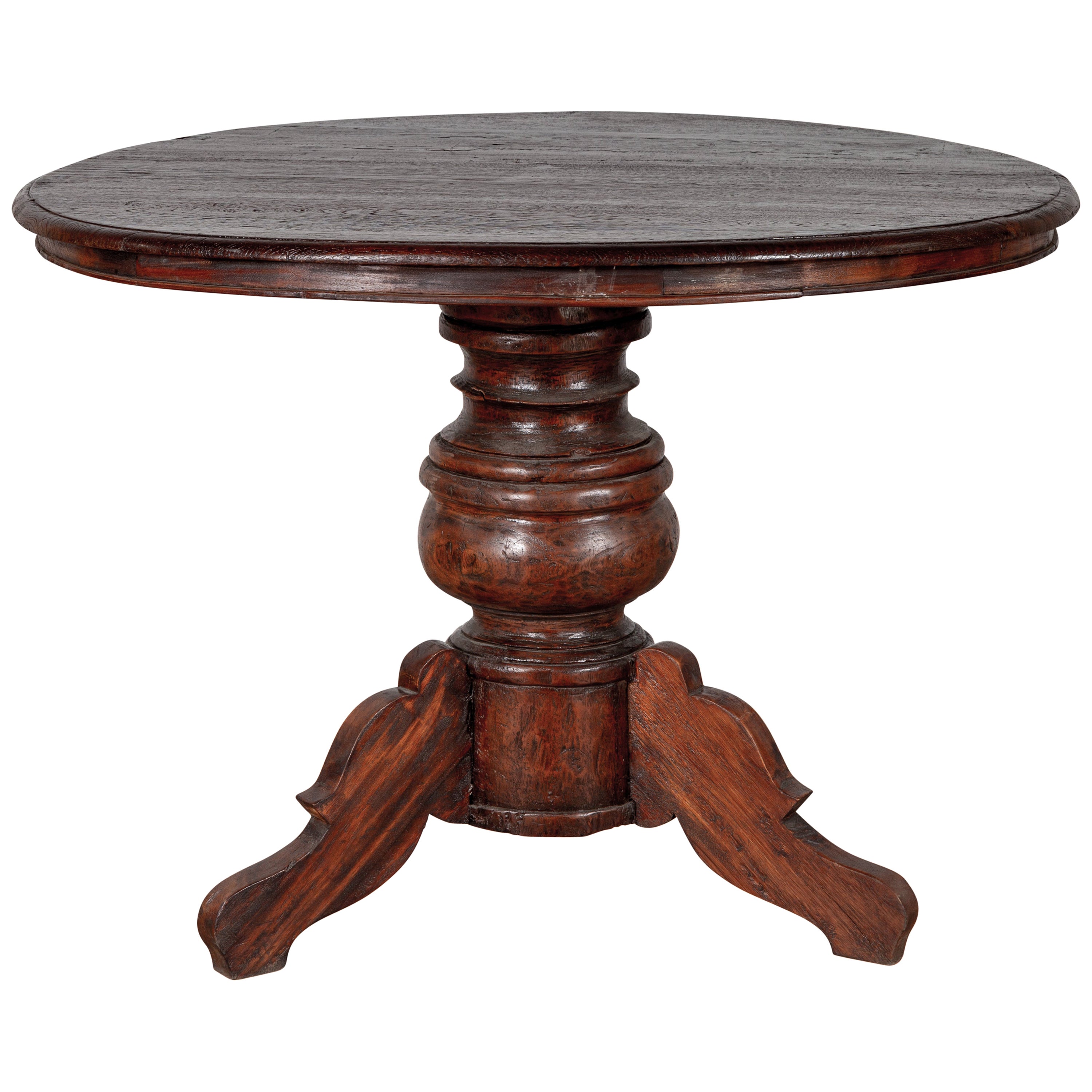 Vintage Dutch Colonial Javanese Teak Round Dining Table with Pedestal