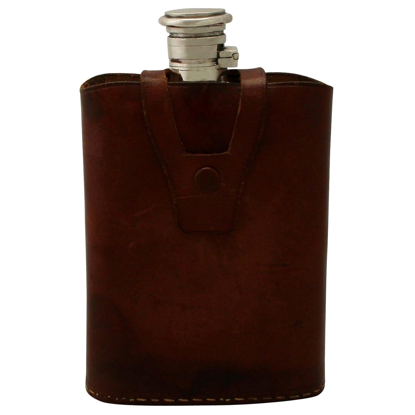 Antique Indian Silver Hip Flask with Leather Case For Sale
