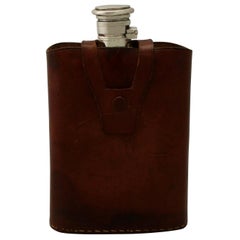Used Indian Silver Hip Flask with Leather Case