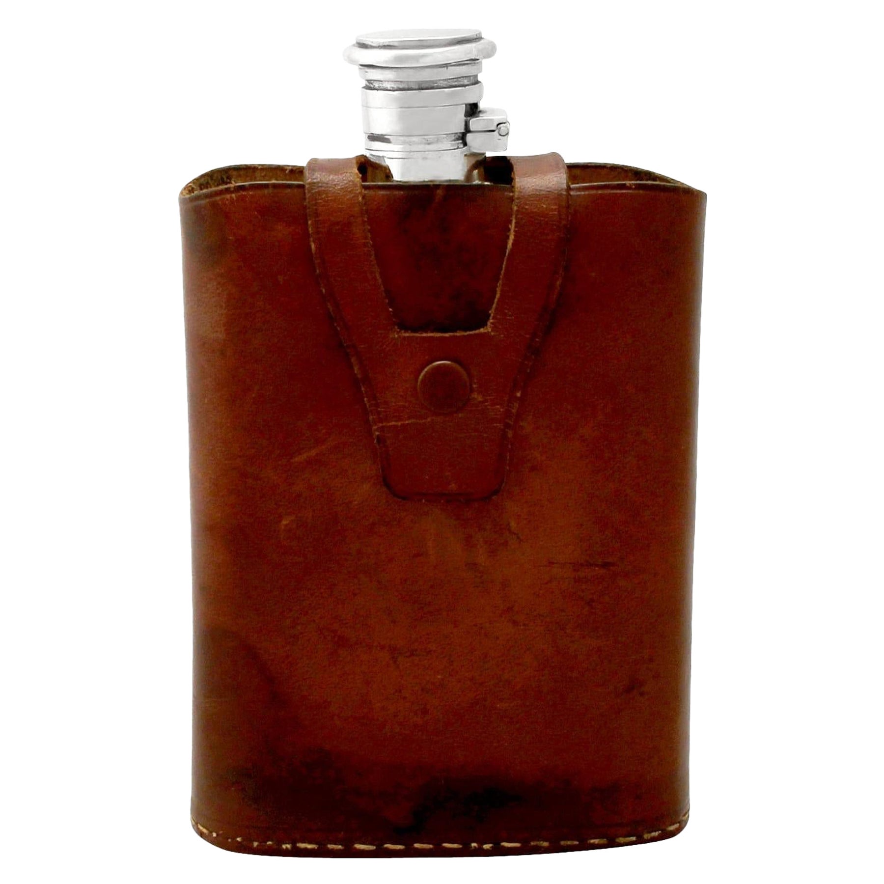 Antique Indian Silver Hip Flask with Leather Case
