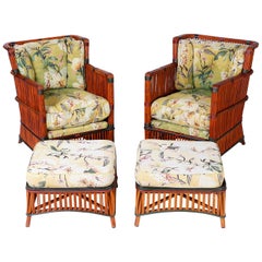 Pair of Rattan Armchairs with Ottomans