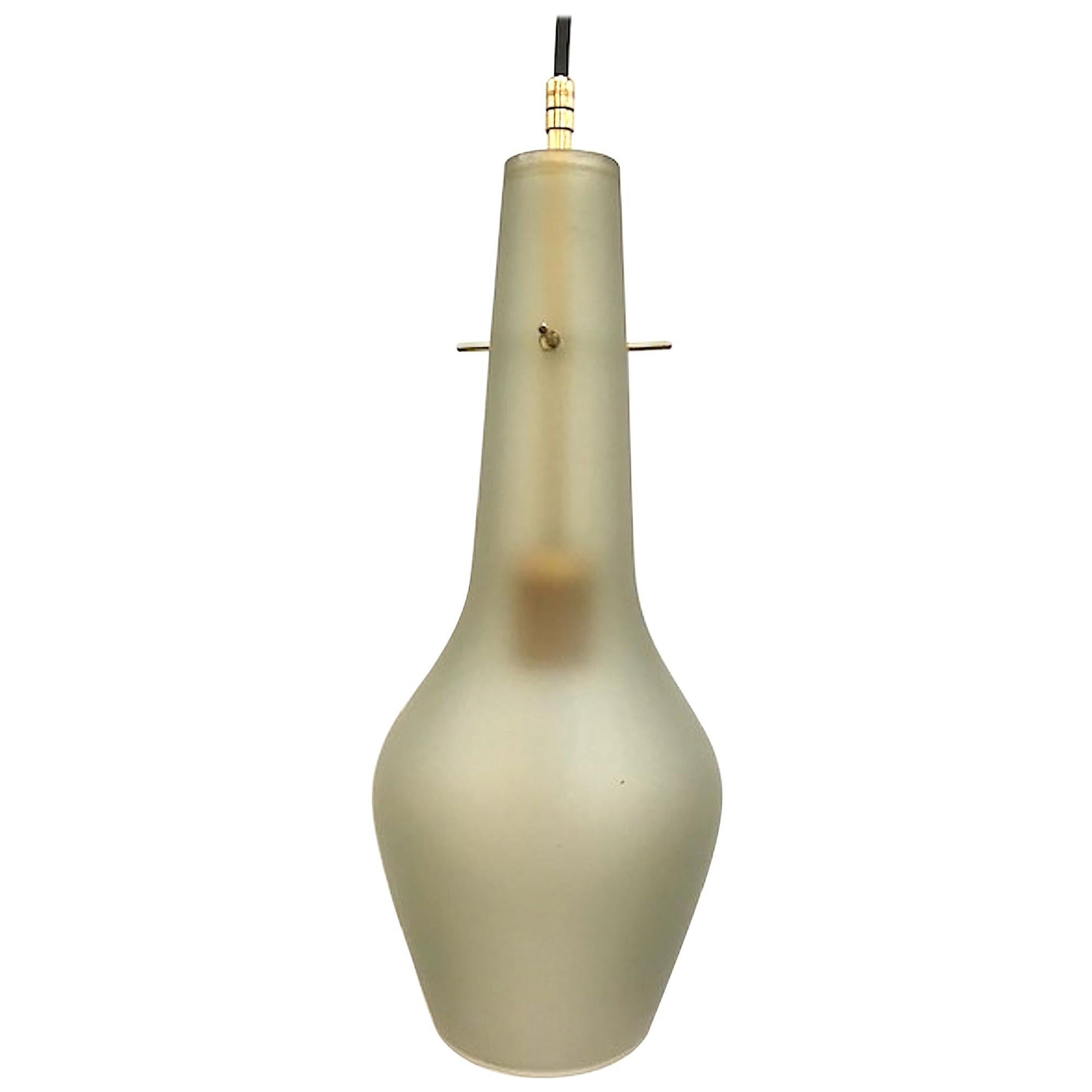 Pair 1950s Grey Amber Satin Finish Glass Pendant Light