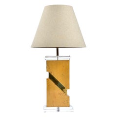 Milo Baughman Style 1970s Burl Table Lamp with Lucite and Gold Accents