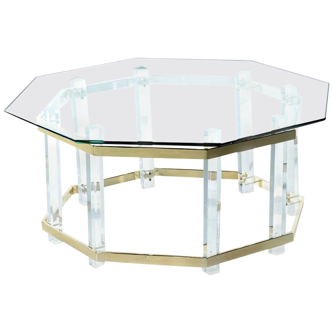 Acrylic Lucite Glass and Brass Coffee Table 1970s Hollywood Regency