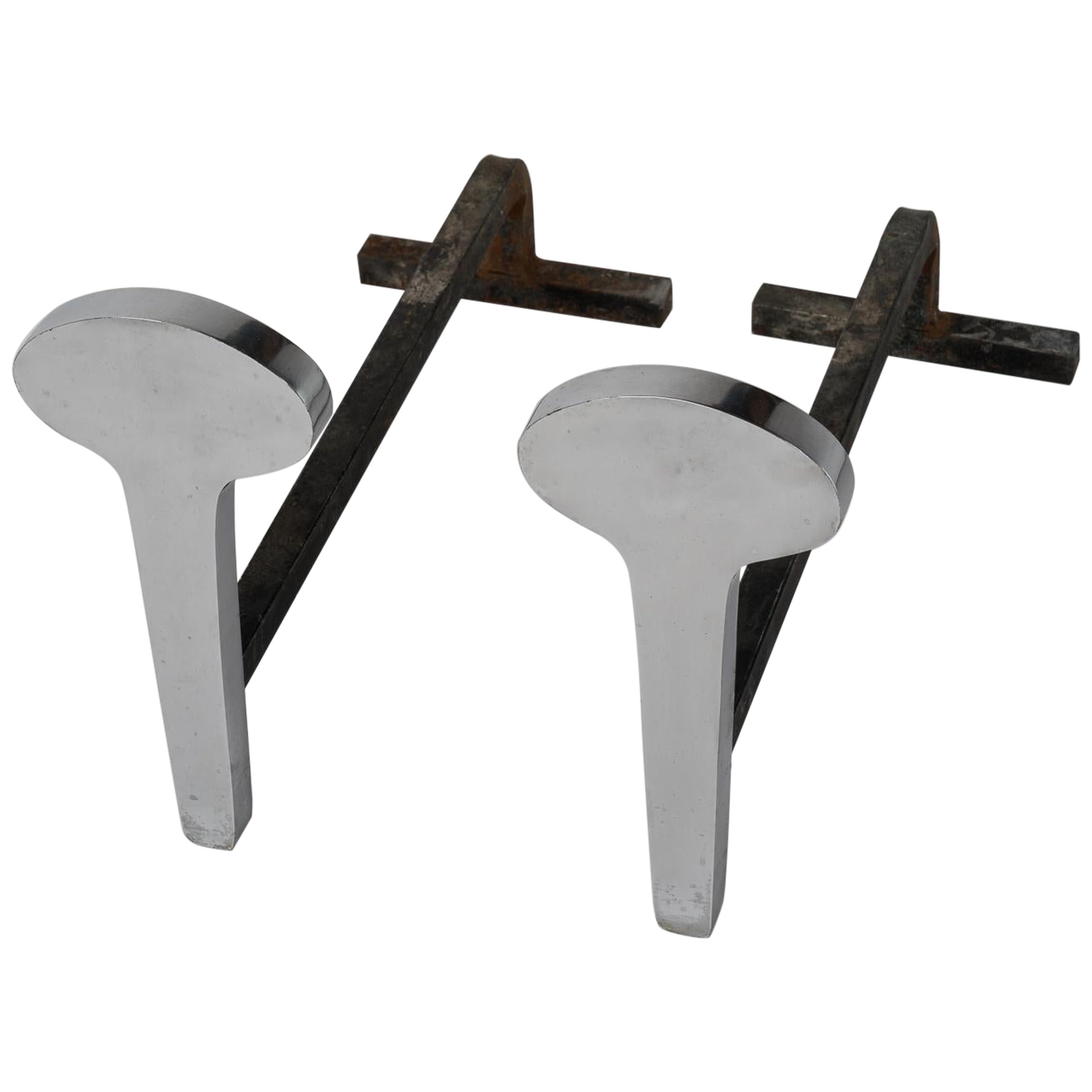 Modernist Stainless Steel Andirons by Jean-Paul Créations, France, 1970s For Sale