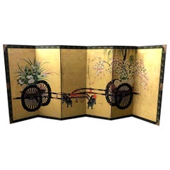 Japanese Asian Large Six-Panel Folding Byobu Flower Cart Screen, 19th Century
