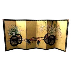 Antique Japanese Asian Large Six-Panel Folding Byobu Flower Cart Screen, 19th Century