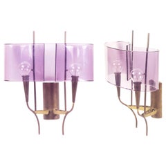 Applique a 2 luci anni '60 in perspex viola e ottone di Stilux, Milano, Set di 2