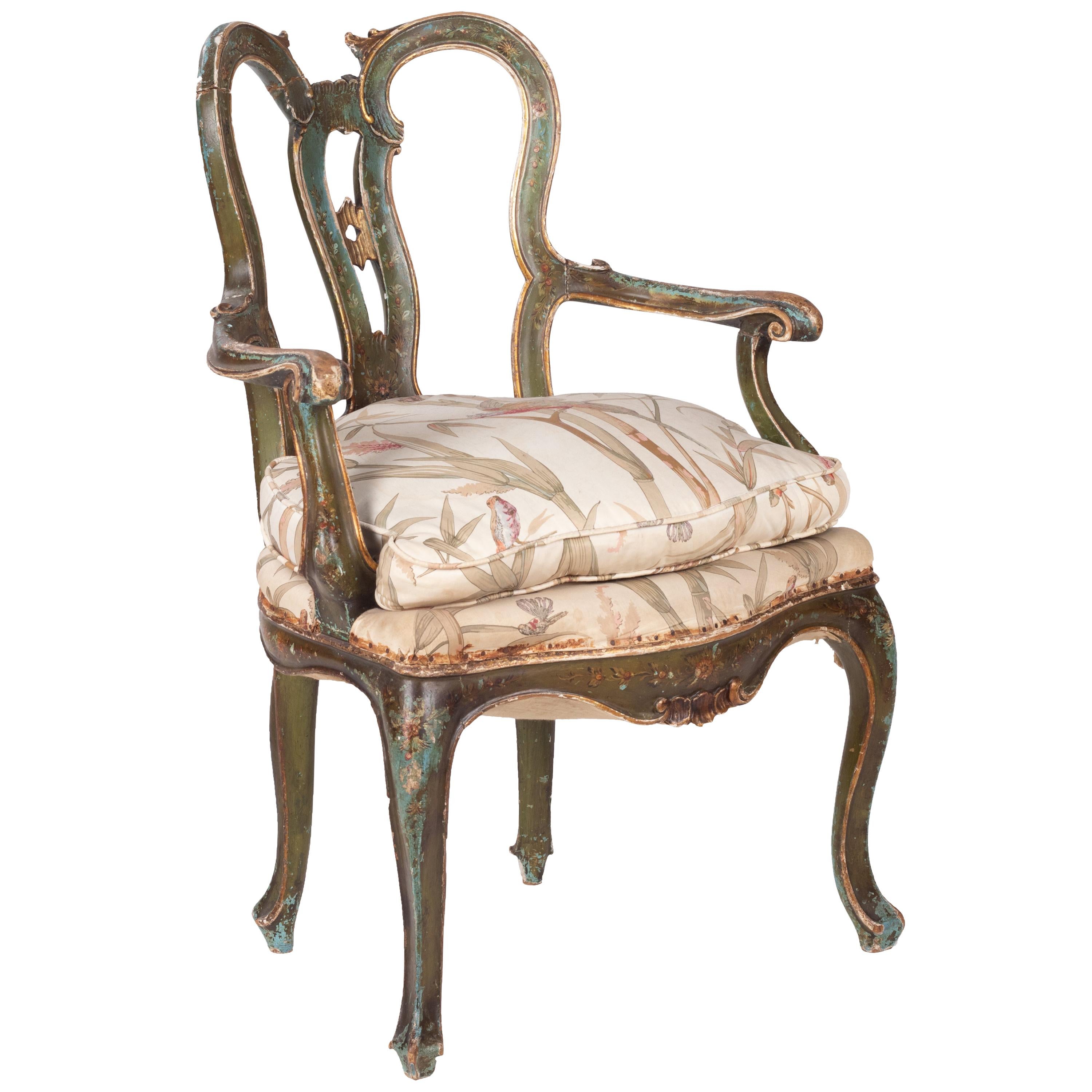 19th Century French Green and Golden Polychrome Armchair