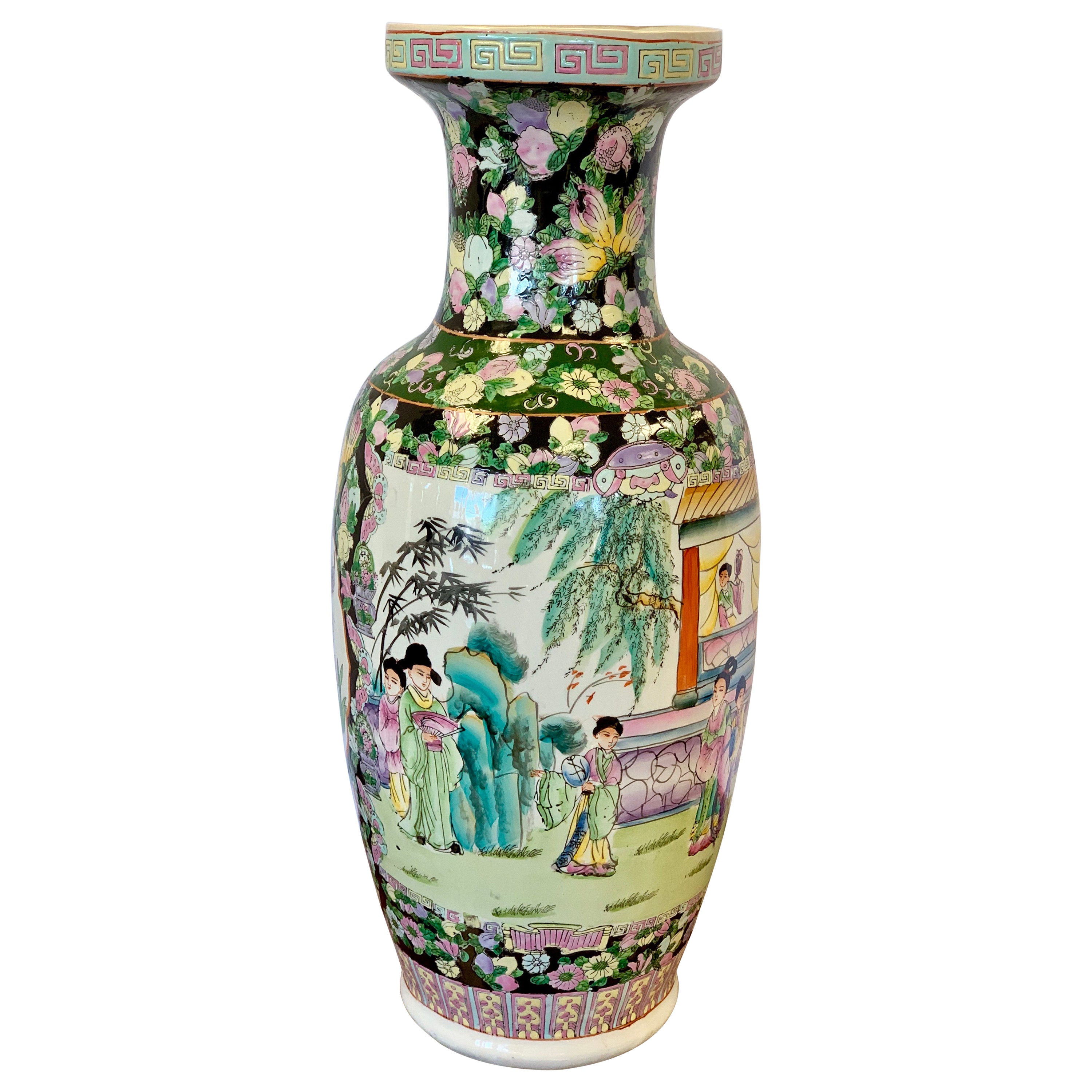 Vintage Rose Medallion Large Tall Chinese Export Porcelain Palace Urn