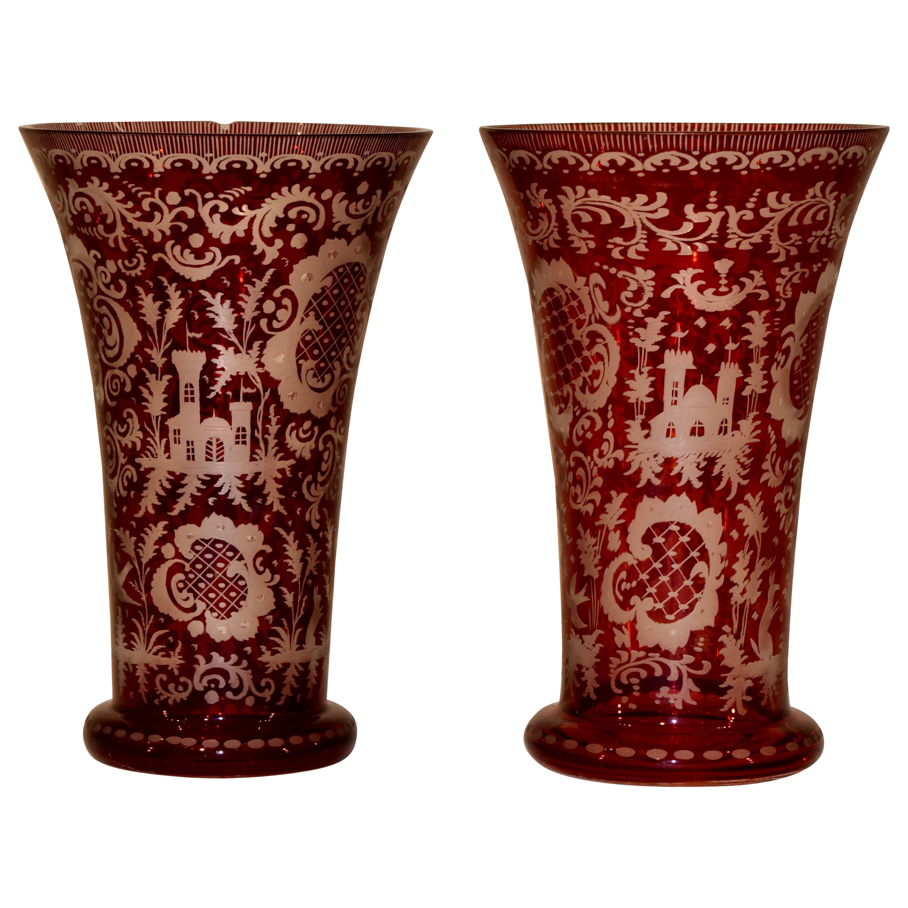 Pair of Bohemian Glass Vases on Stand with Painted Enamel Scene