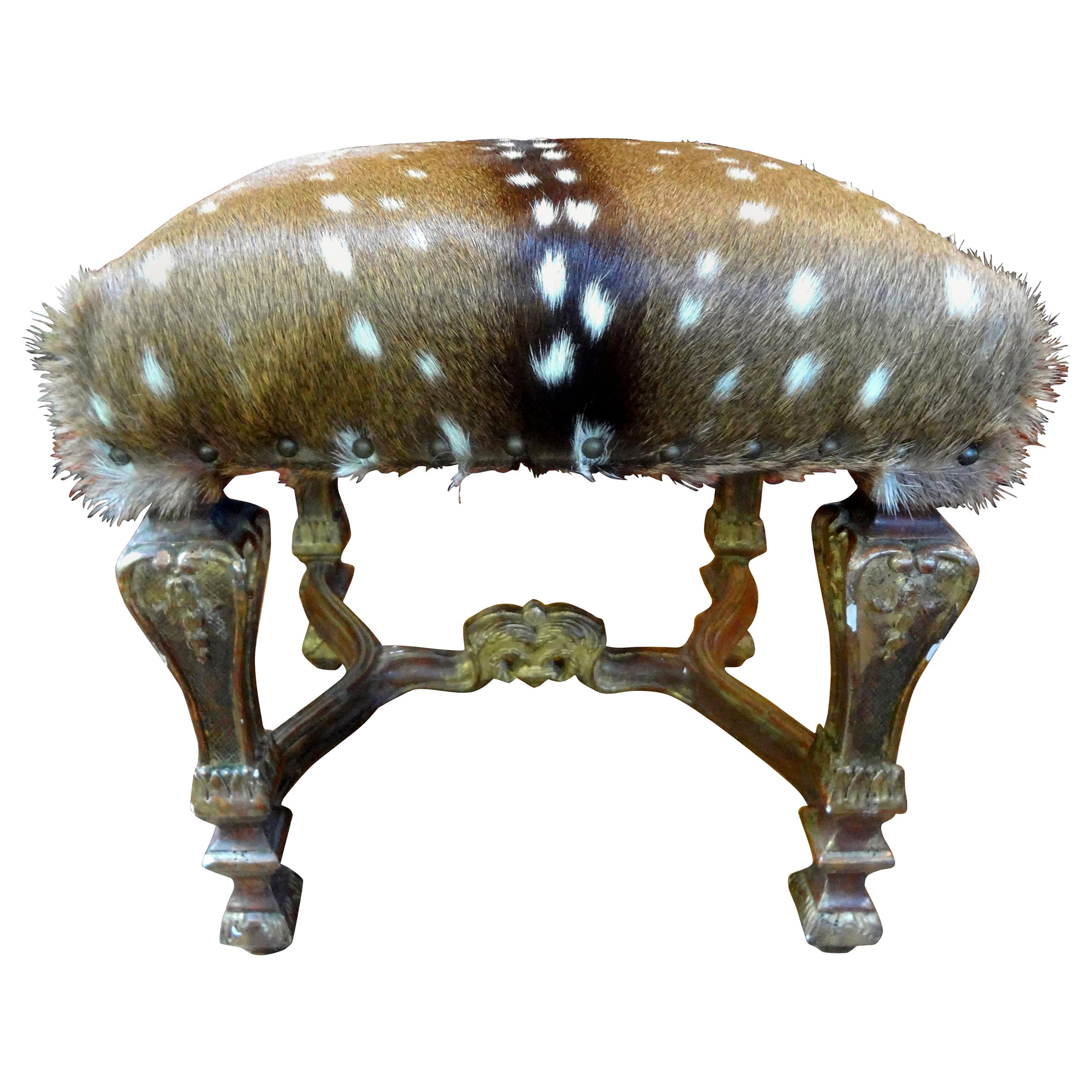 19th Century French Louis XIV Style Giltwood Bench with Deer Hide