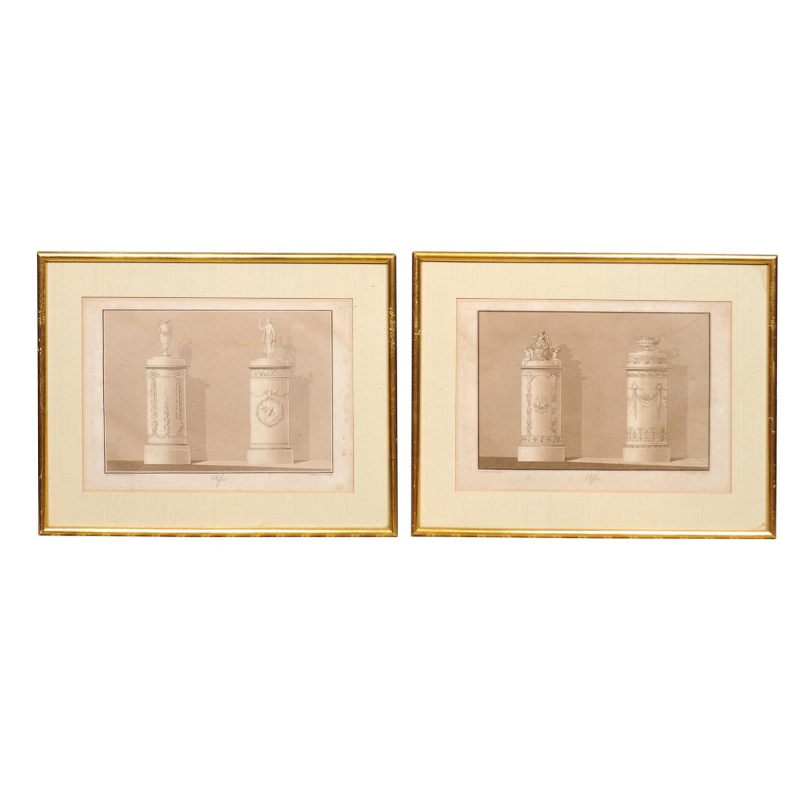 Pair of Gilt Framed Classical Engravings in Sepia Tones, Engraved by J. Spiegl For Sale